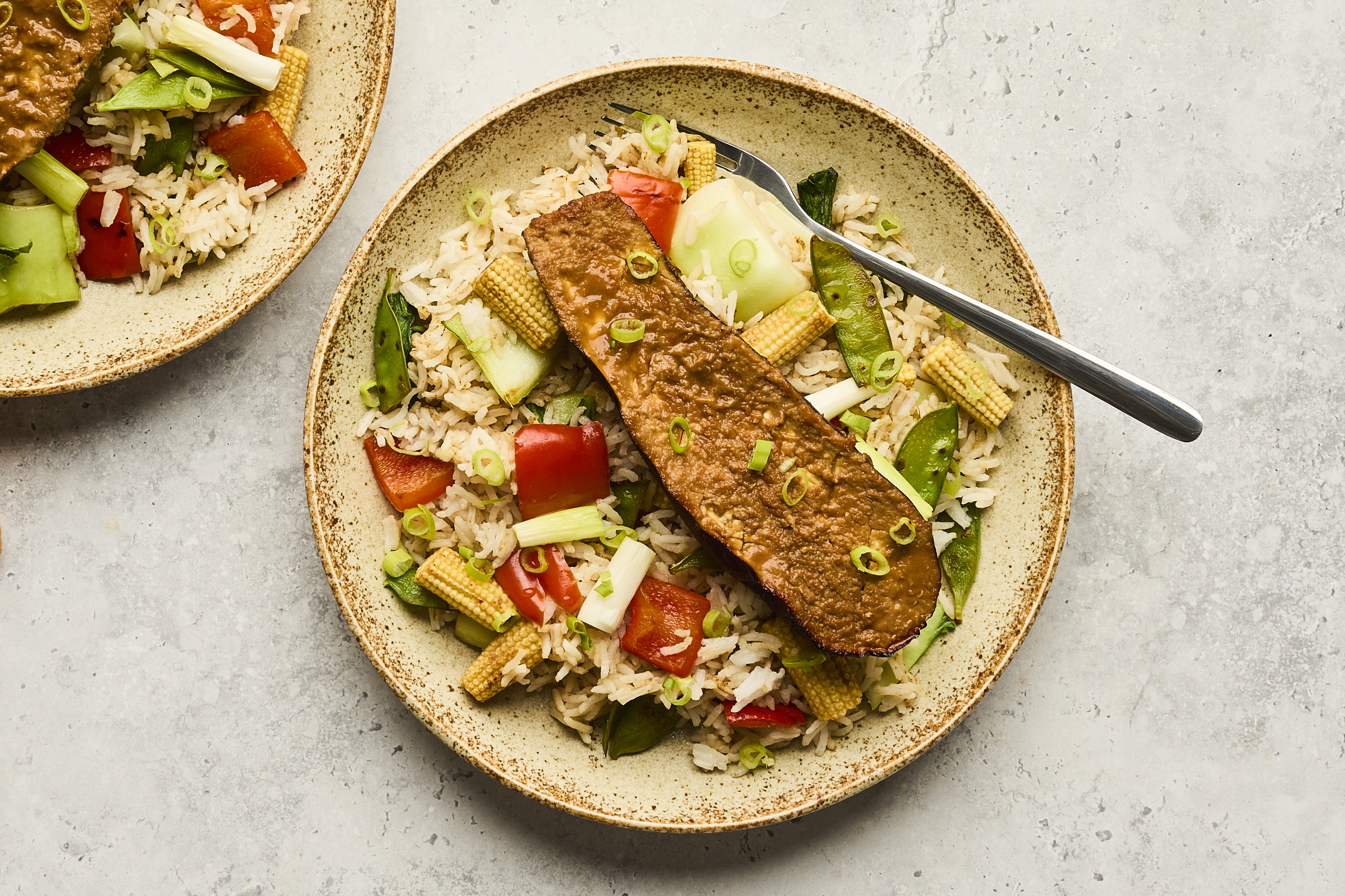 Miso aubergine with loaded veg rice
