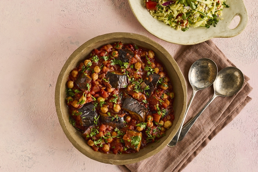 Doesn’t couscous rock? It’s filling, ready in flash, easy to prepare and even tastier with a little diced onion, grated courgette, lemon zest and some halved baby tomatoes forked through. It’s also the perfect sidekick for our fragrant Middle Eastern-inspired aubergine and chickpea stew.