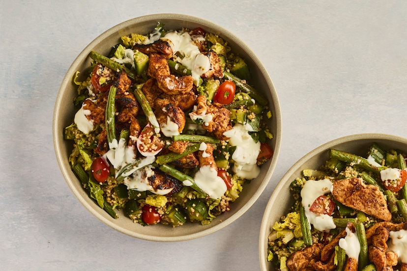 A spicy baharat rub-down gives chicken breasts a fragrant flavour boost. And then there’s the couscous, packed with grilled green beans, tangy tomatoes, crunchy lettuce and cucumber, fresh coriander and parsley, more baharat spice and the delicious cooking juices from the chicken. Phew! And mmm…