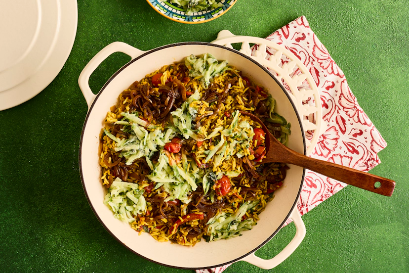 They say variety is the spice of life, and this jam-packed dish offers it by the bucketload (as well as plenty of actual spice). Curried rice and chickpeas are stirred into a warming sauce studded with juicy tomatoes and chunks of red pepper, then topped with red onions and dollops of refreshing cucumber raita. Basmati rice has never had it so good!