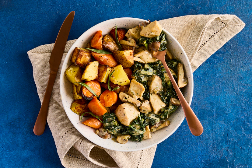 Add a little French chic to your week with this lightened-up twist on a classic dish. It features chunks of chicken breast, chestnut mushrooms and cavolo nero cabbage in a silky shallot, garlic and tarragon sauce. Served with roasted potatoes and carrots, it’s ooh la la… lush!