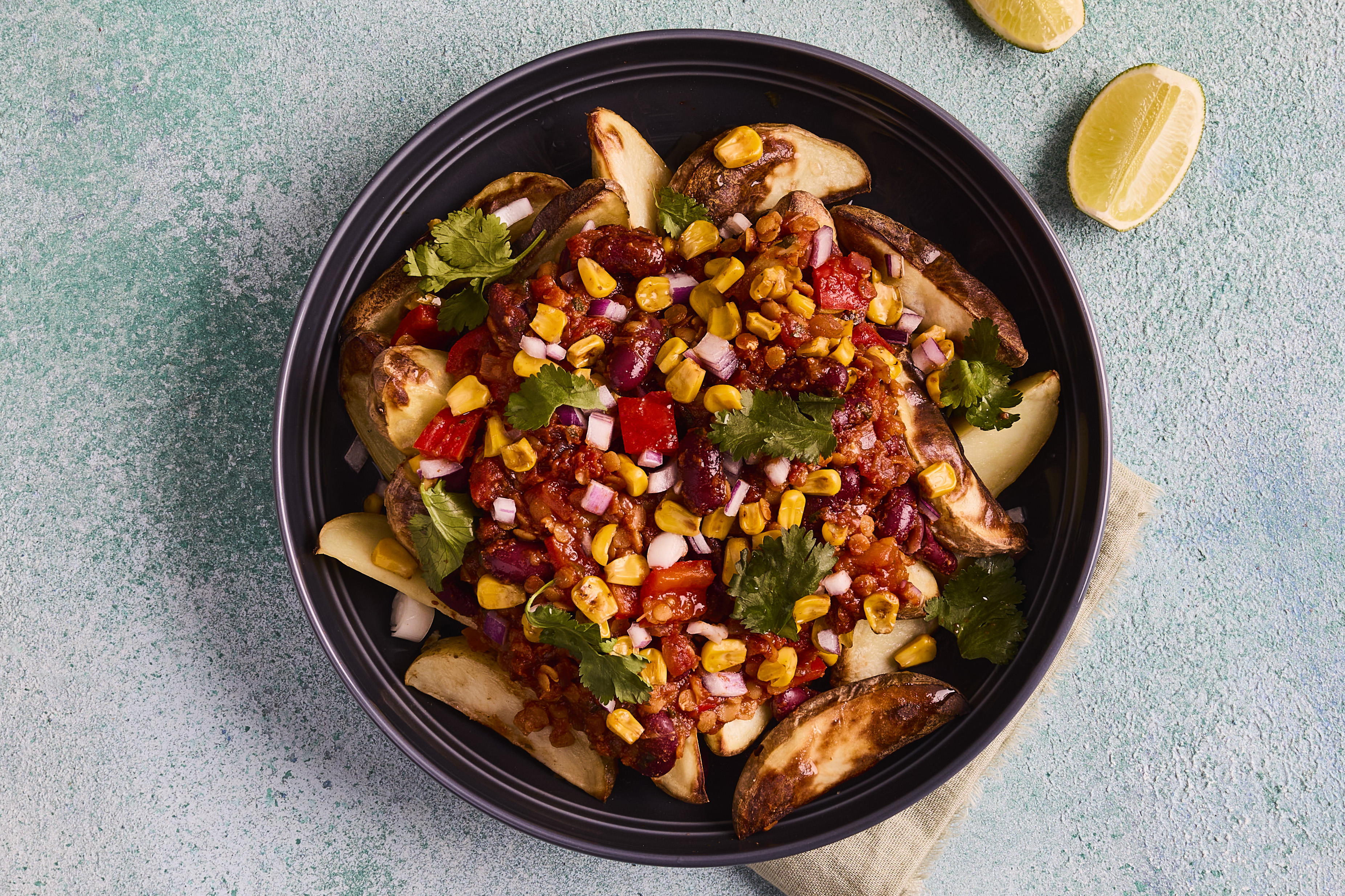 Lentil & bean chilli-loaded wedges