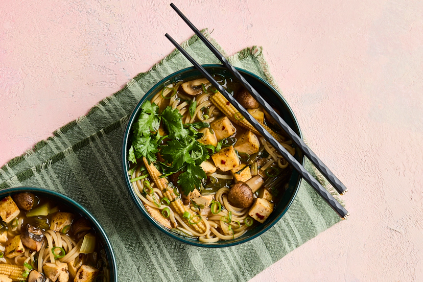 Ramen bowls are super-hot right now, and when you try this you’ll understand why. Rice noodles are topped with tasty tofu, mushrooms, pak choi, crunchy baby corn and spring onions, and immersed in a deeply satisfying broth flavoured with coriander, tamari, ginger and garlic.