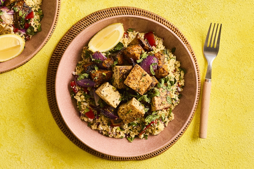 Tofu is a brilliantly versatile ingredient that’s packed with protein. Here it’s fried until crispy in our special spice blend and served with roasted squash and North African-style couscous, mixed with tomato, mint and a hit of lemon, all drizzled with a minty yogurt dressing.