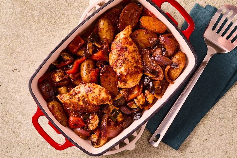 The next best thing to a holiday in the sun, this delicious medley combines roasted chicken and potatoes with a veg-fest of onion, pepper, courgette and aubergine, smothered in a herby tomato sauce. And good news for whoever’s doing the washing-up, it’s all cooked in one dish!