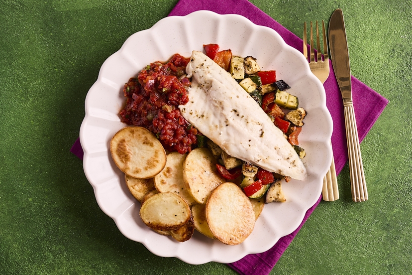 Don't say it with flowers, say it with sea bass! These Italian-style fillets rest on a bed of roasted aubergine, courgette and peppers, and are served with crispy roast potatoes and a punchy puttanesca-inspired sauce of tomato, garlic and capers. Prepared to be obsessed.