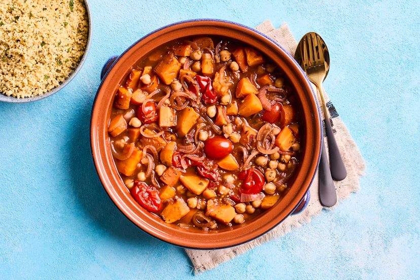 This hearty, delicately spiced North African-inspired stew is packed with roasted butternut squash, carrots and filling chickpeas, and served with herby couscous. Itʼs ready in just over half an hour, too, making it perfect for busy weeknights.