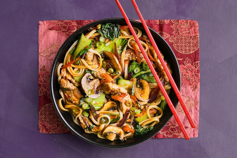 Tender duck and Chinese five-spice are a match made in marinade heaven. Add some sizzled onion, carrot, chestnut mushrooms and pak choi, drizzle in a little oyster sauce and tamari, finish with rice noodles and a spring onion garnish and you’ve got a fakeaway you’ll never forget.