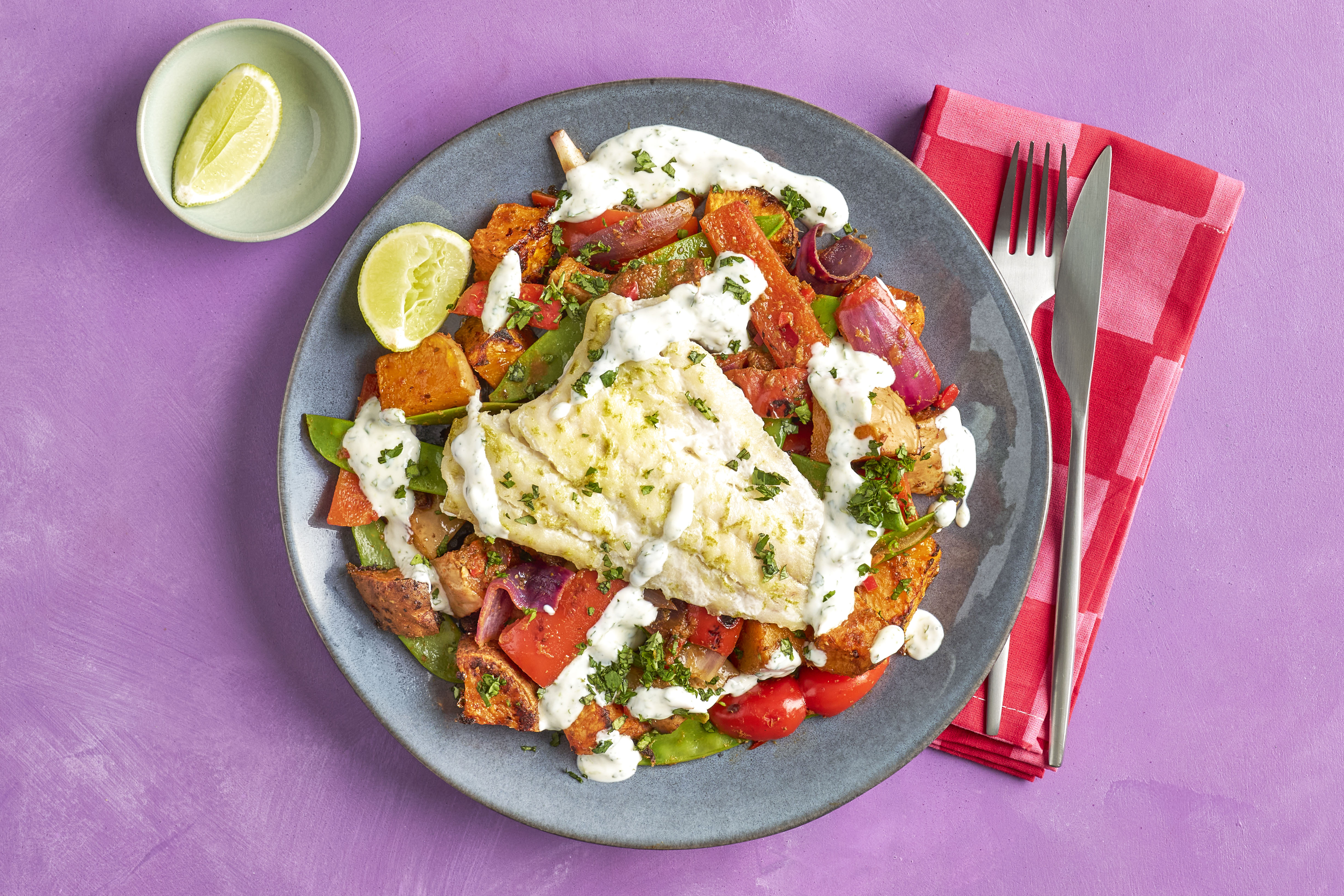 Lime & coriander cod with red Thai veg