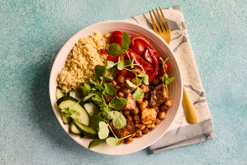 A medley of flavours and textures, this bowl of delights has couscous, cucumber, pea shoots, a zingy tomato and red pepper salsa and – the star of the show – a warming roasted aubergine and chickpea stew made with our special Middle Eastern spice mix. Prepare to be bowled over!