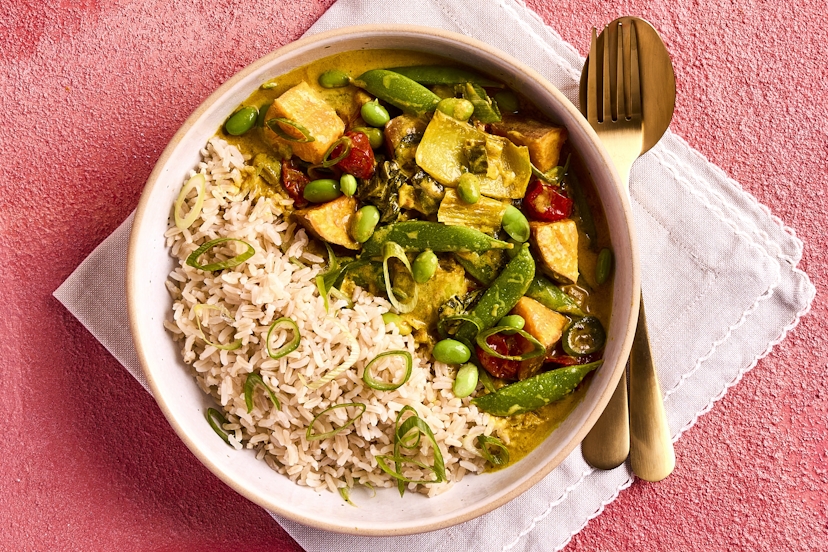 Tamari, or Japanese soy sauce, gives this curry a twist. Chunks of sweet potato are the star of the show, cooked with pak choi, tomatoes, spring onions, sugar snap peas and edamame beans in a lightly curried sauce, served with rice.
