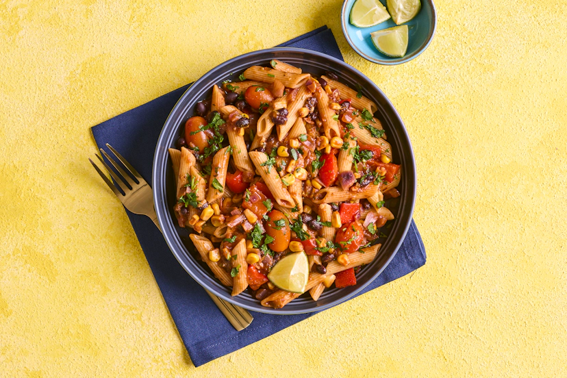 Can’t decide if you want chilli or pasta for dinner? Have both! A chunky medley of black beans, tomato, pepper and golden fried corn is stirred into pasta quills to soak up the gorgeously spicy chilli sauce.