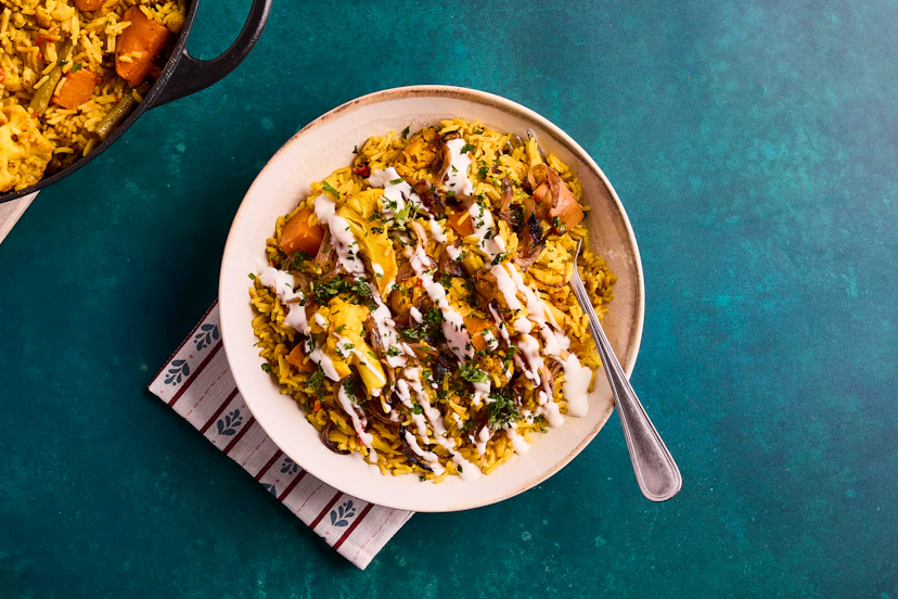 There’s a lot going on here. All of it delicious! Cauliflower, green beans and cubes of sweet potato are sautéed with ginger, garlic, chilli, cardamon, coriander and curry powder, then simmered till soft. Mixed with fluffy rice and garnished with fried onions and dollops of creamy Greek-style yogurt, it’ll show your taste buds the night of their lives.