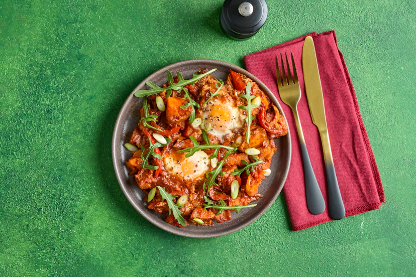 Baked eggs, with their sunshiney yolks, are the heroes of this heart-warming dish, cooked in a tangy tomato sauce boosted by balsamic vinegar, smoked paprika and cinnamon, and teamed with roasted sweet potatoes, onion, red pepper, spring onions, and a fresh pop of peppery rocket.