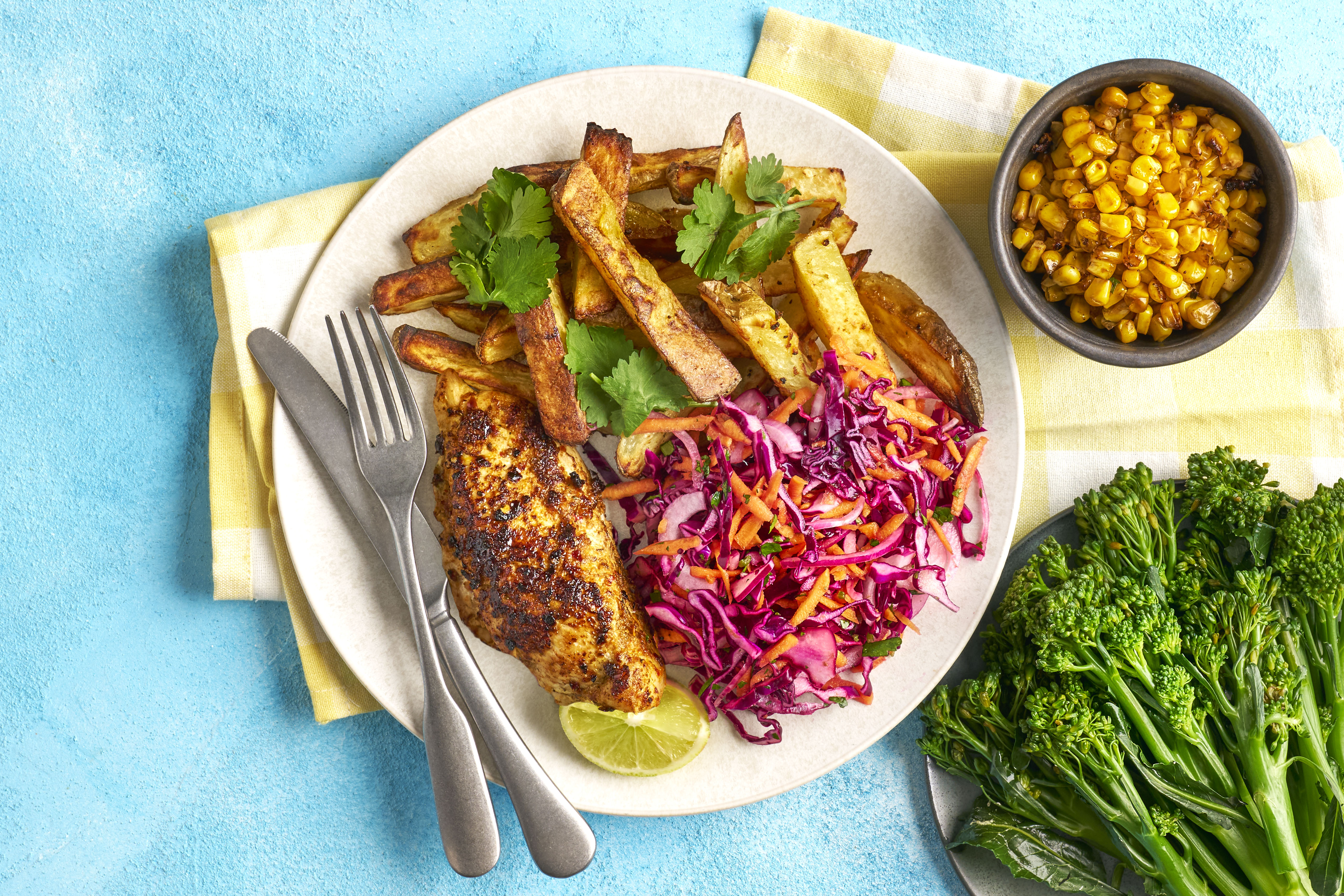 Peri-tasty chicken, chips & rainbow slaw