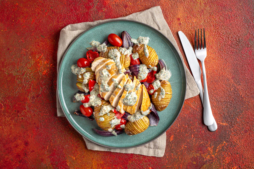 If roast chicken dinners are your love language, this is for you! Our weeknight winner features chicken breasts drizzled with a vibrant tarragon, parsley and caper sauce, plus super-posh spuds, roasted with onions, peppers and baby tomatoes.