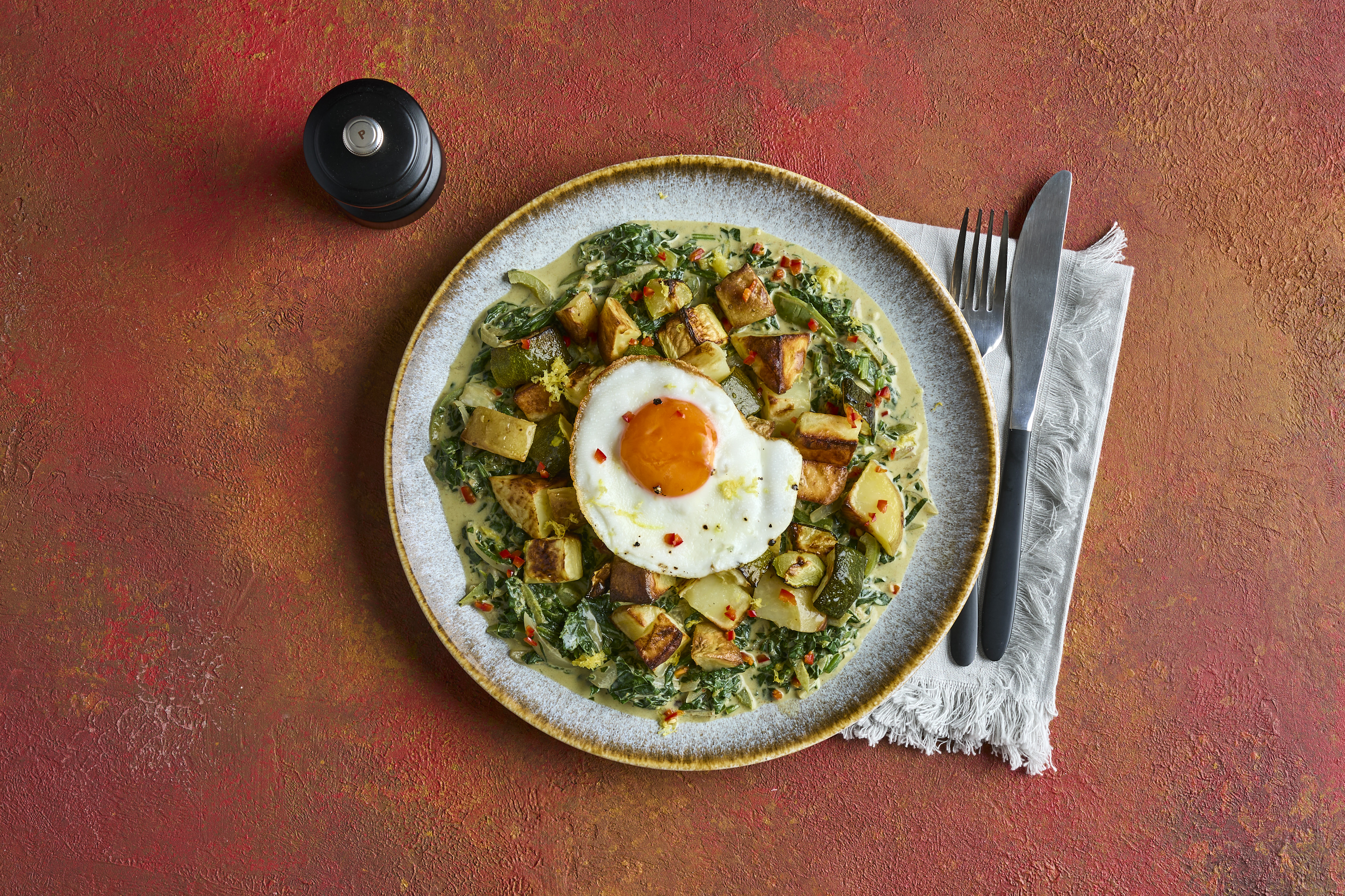 Middle Eastern creamed spinach, eggs & roasties