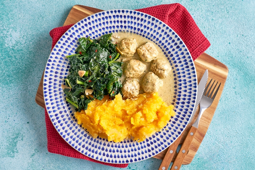 Meet your new hero dish – juicy pork meatballs smothered in an outrageously gorgeous garlic, sage, lemon and chilli sauce, served with golden butternut and potato mash and ribbons of cavolo nero cabbage. It tastes like bistro, looks the business and lands on the table in a breezy half hour.