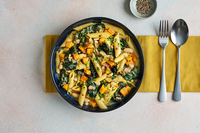 Smoky bacon, pasta tubes and cannellini beans ensure this powerhouse bowlful is super-satisfying, while fresh herbs, white miso and garlic pump up the flavour. Cavolo nero and carrot chunks turn it into an absolute feast. Your hunger doesn’t stand a chance…