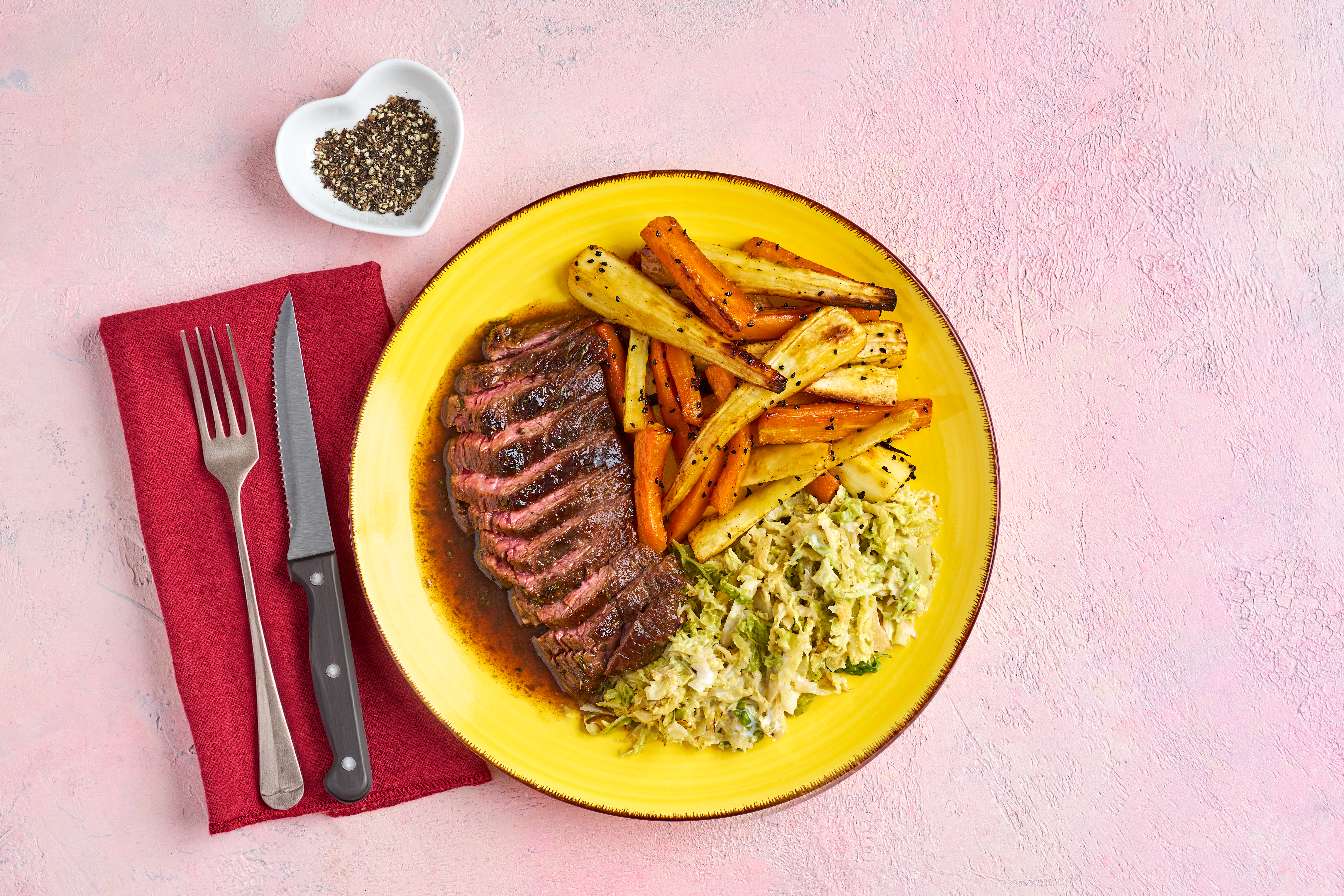 Steak, Marmite-glazed roots & creamed cabbage