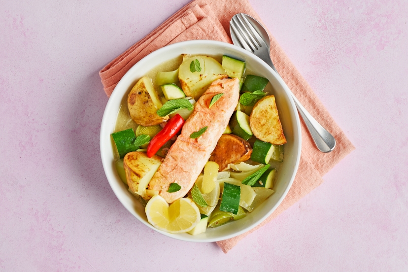 Salmon and fennel are tried-and-tested flavour friends, with lemon always bringing out the best in fish. And now the tasty trio are getting on famously with spicy chilli and cooling mint, to create a quietly mind-blowing broth. Gently poached with onions, courgette and leeks until aromatic and perfectly flaky, then served with roast potatoes, this is salmon at its sparkiest.