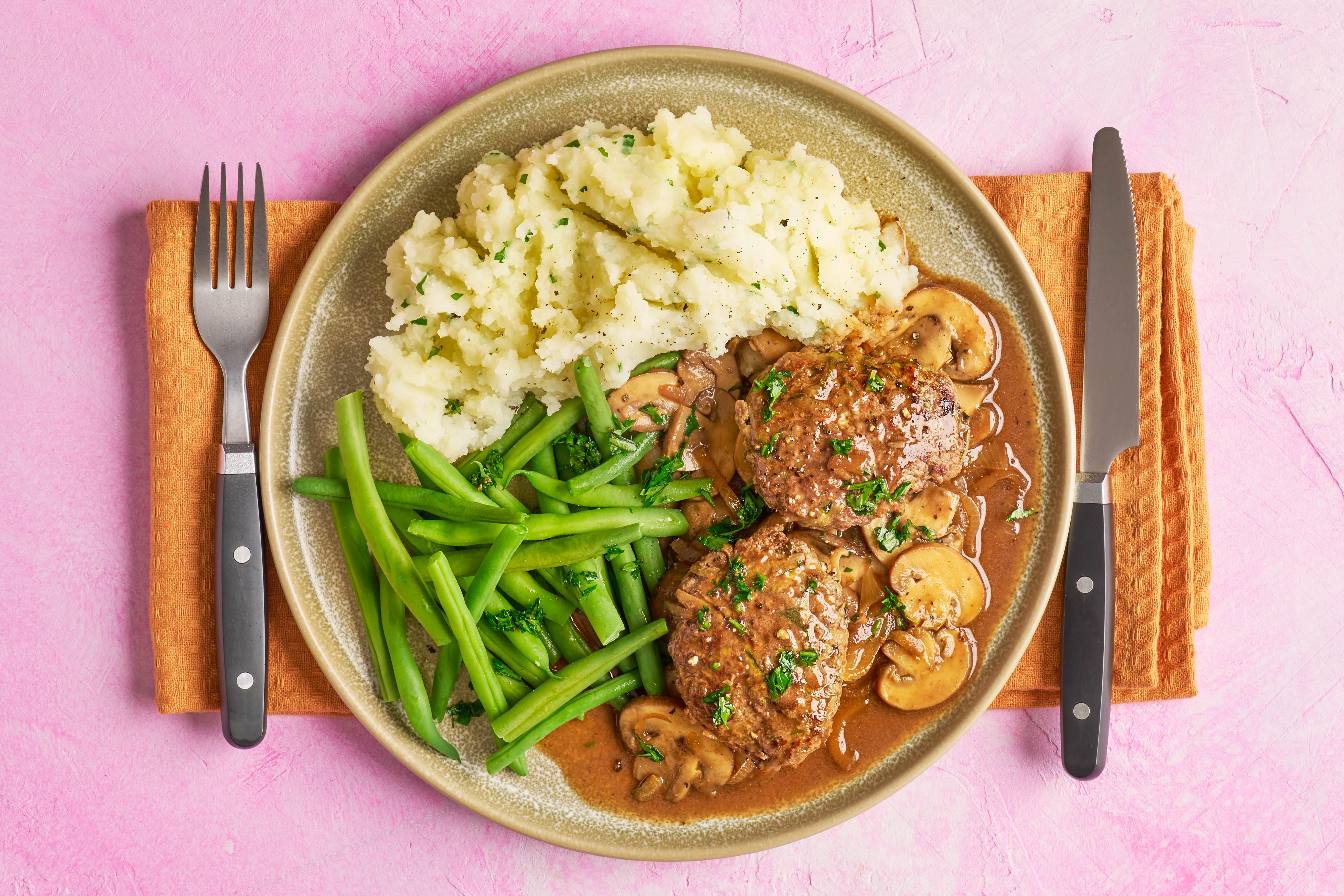 'Salisbury steaks' beef mince burgers with mash