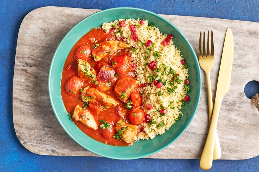 You don’t have to dress for dinner, but this North African-inspired number turns up in full finery! Ready-diced chicken breast, onions, red peppers and baby toms are simmered in a speedy harissa-spiced tomato sauce, then served with sparkly pomegranate-sprinkled couscous. Fast and fab-u-lous, dahling.