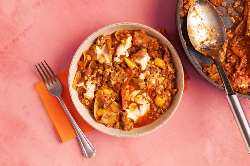 It’s lasagne, but not as you know it. This all-in-one hob version leans into a Latino vibe with punchy Mexican spices. There’s no careful layering either – broken lasagne sheets are stirred straight into the pot with turkey mince, courgette, red onion and baby corn, then left to simmer in a garlicky tomato sauce. In a final twist, miso yogurt adds a stunning savoury note.