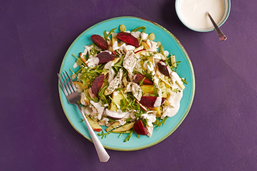 Nothing beats a top-tier salad, and this summery stunner ticks all the boxes! Chicken is baked with shallots, then shredded and tossed with poached baby potatoes and fennel, crisp apple, rocket and tender beets. A quick garlicky dressing with a horseradish kick is the pièce de résistance – delicious!
