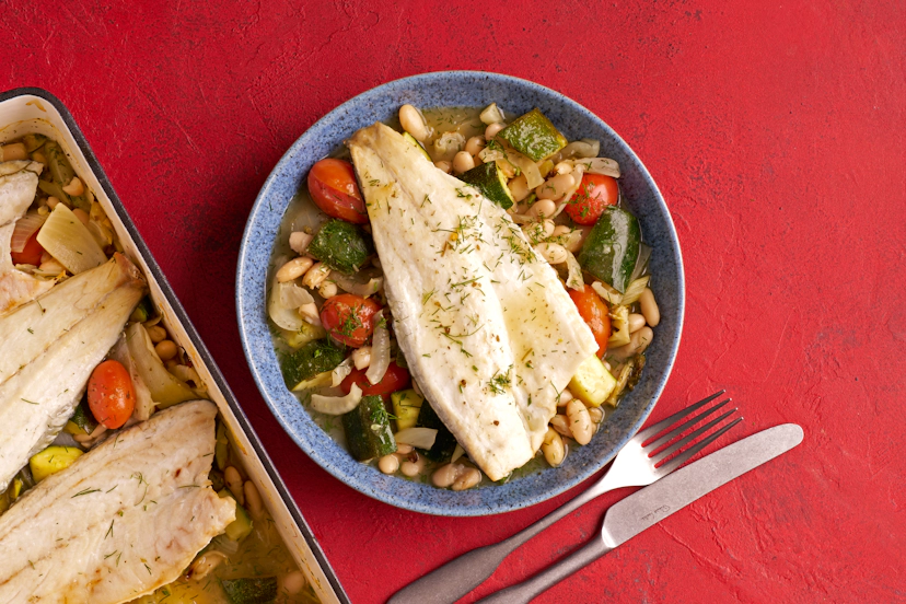 Roasting veg often brings out its sweetness, and that’s definitely true with fennel, softening the aniseed notes and making it gorgeously mellow. Together with courgettes, onions, baby toms and cannellini beans, all boosted with lemon, garlic and herbs, it’s the perfect base for crispy skinned sea bass fillets.