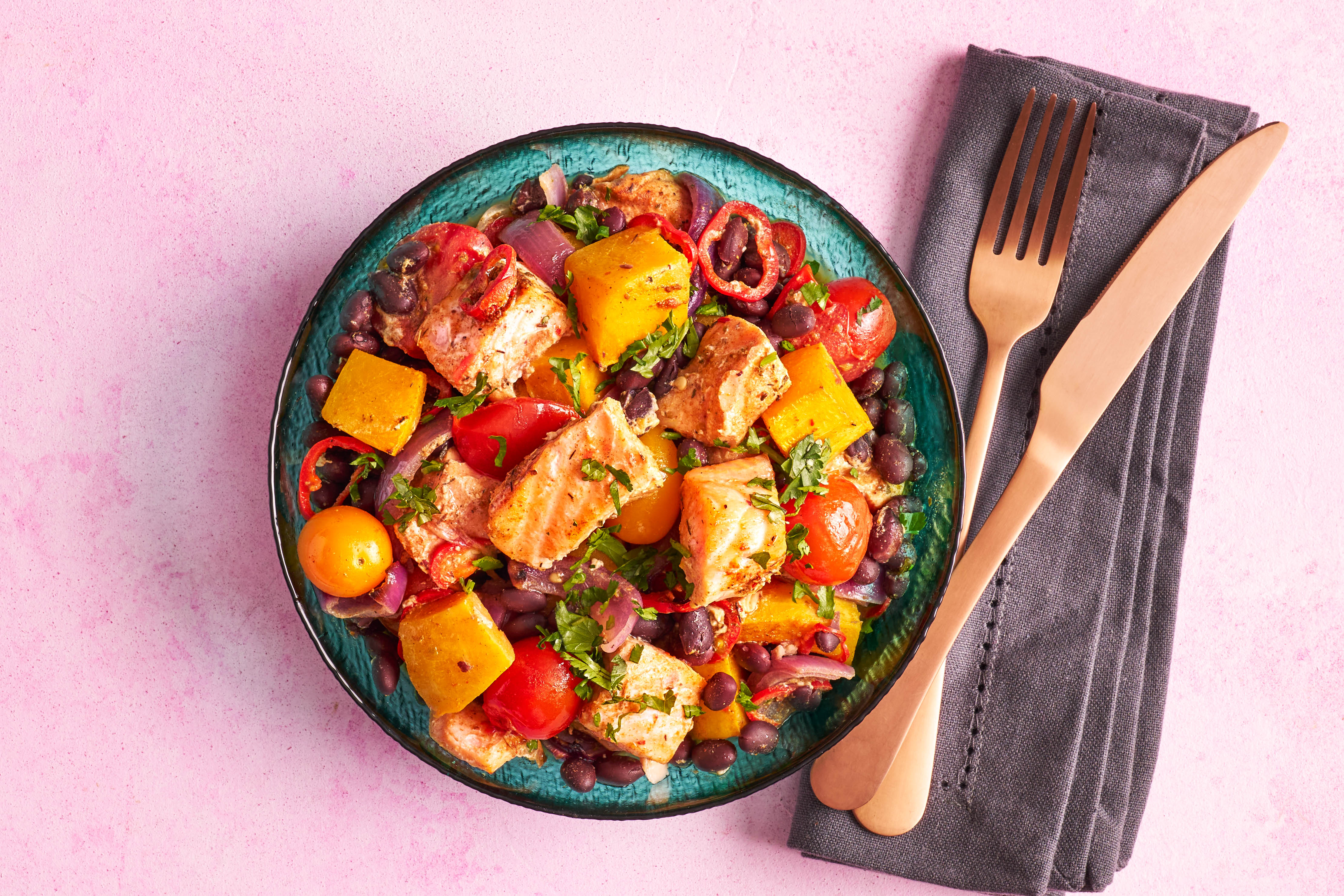 Mexican-style salmon traybake