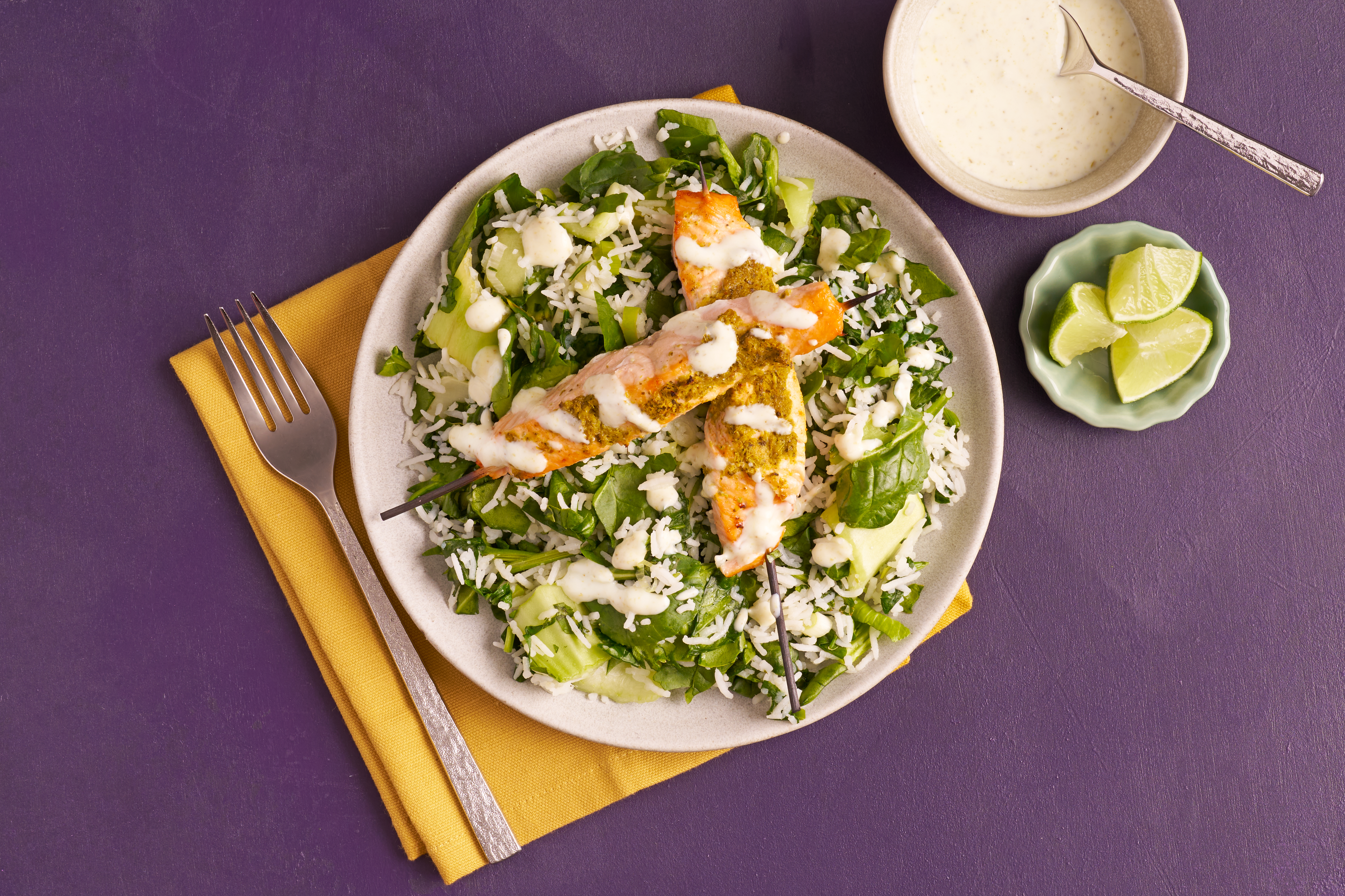 Thai salmon kebabs & zesty green rice