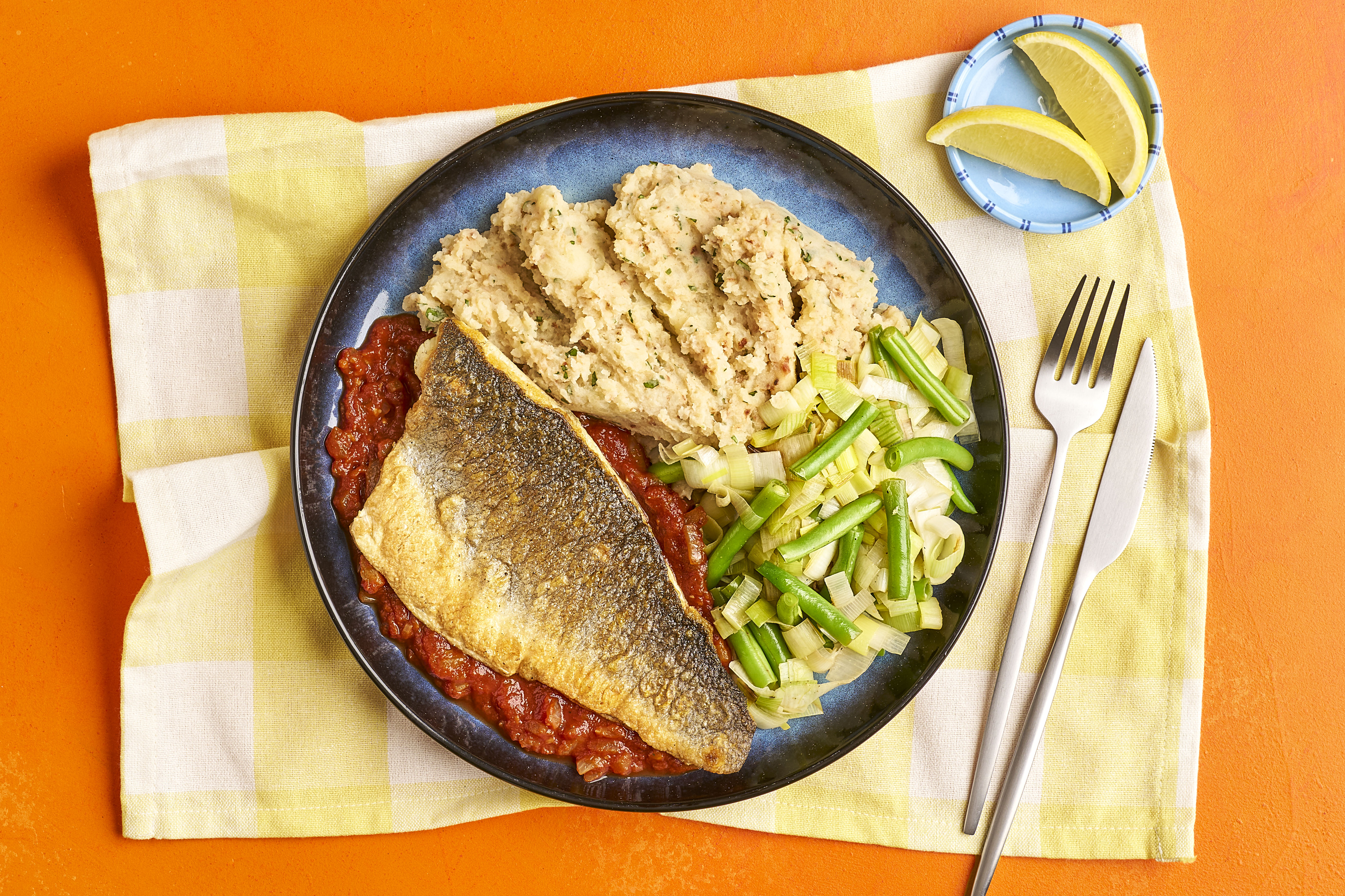 Med-style sea bream with posh mash & veg