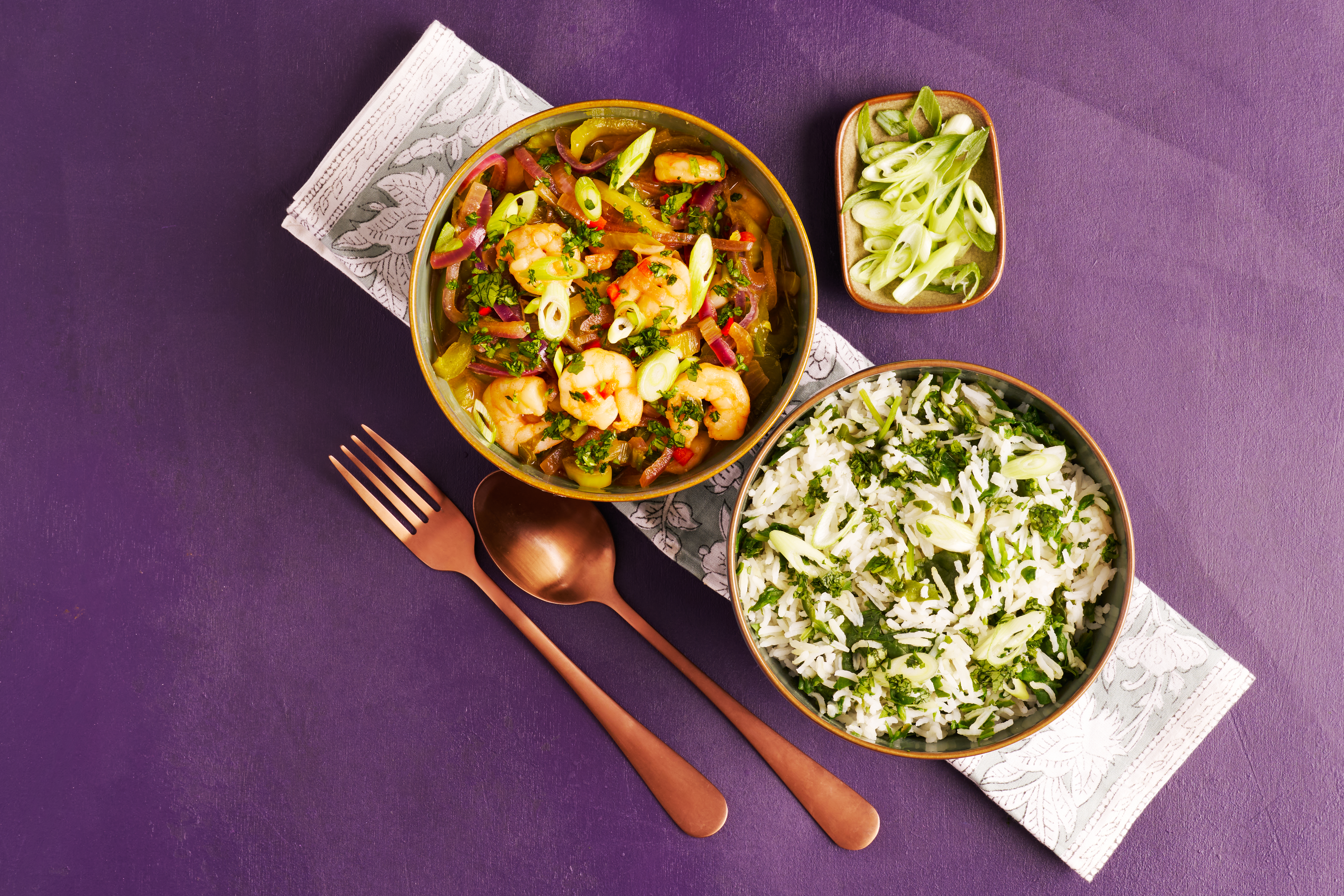 Miso-sizzled chilli prawns with spinach rice