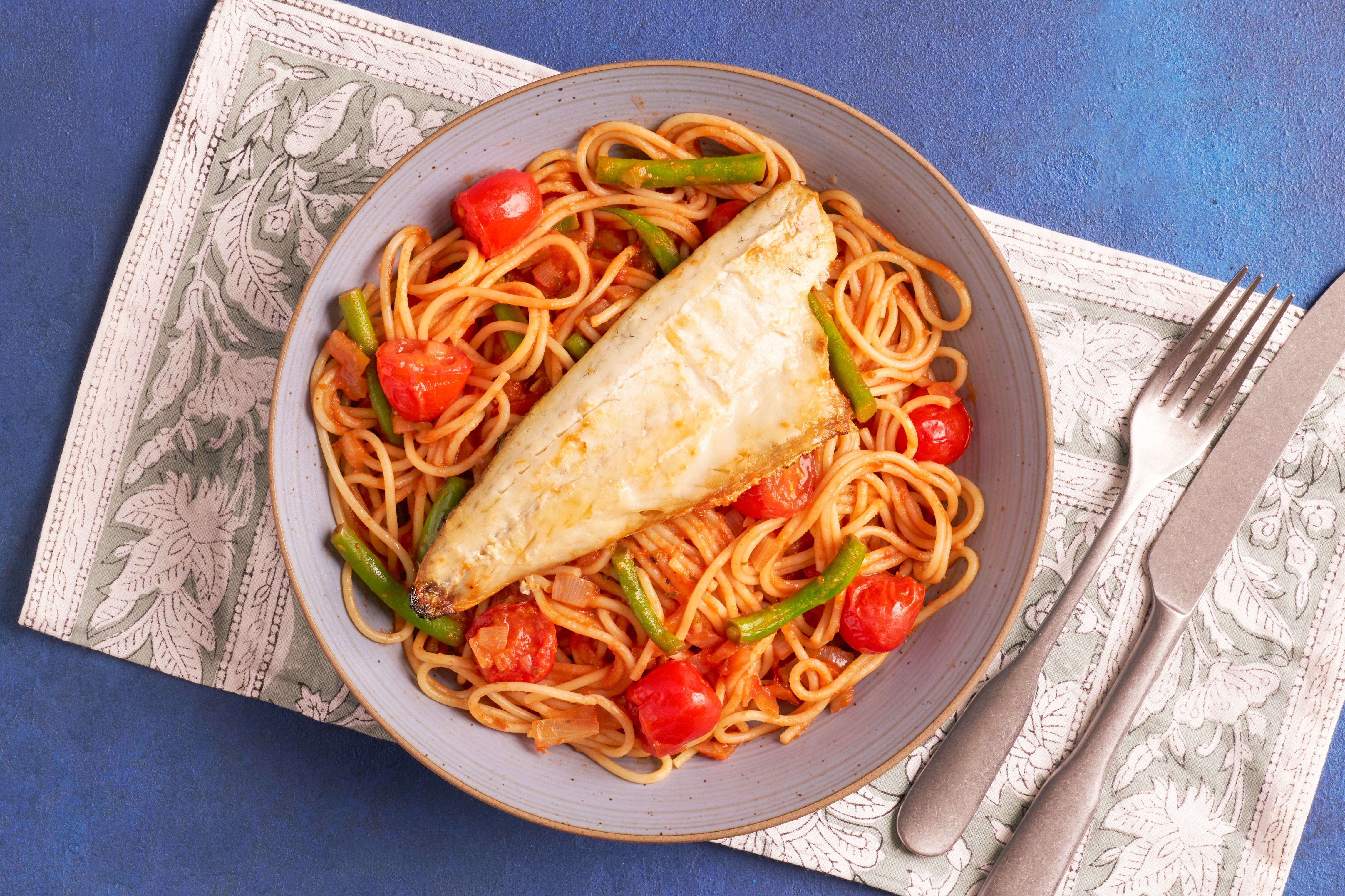 Speedy sea bass with spaghetti arrabbiata
