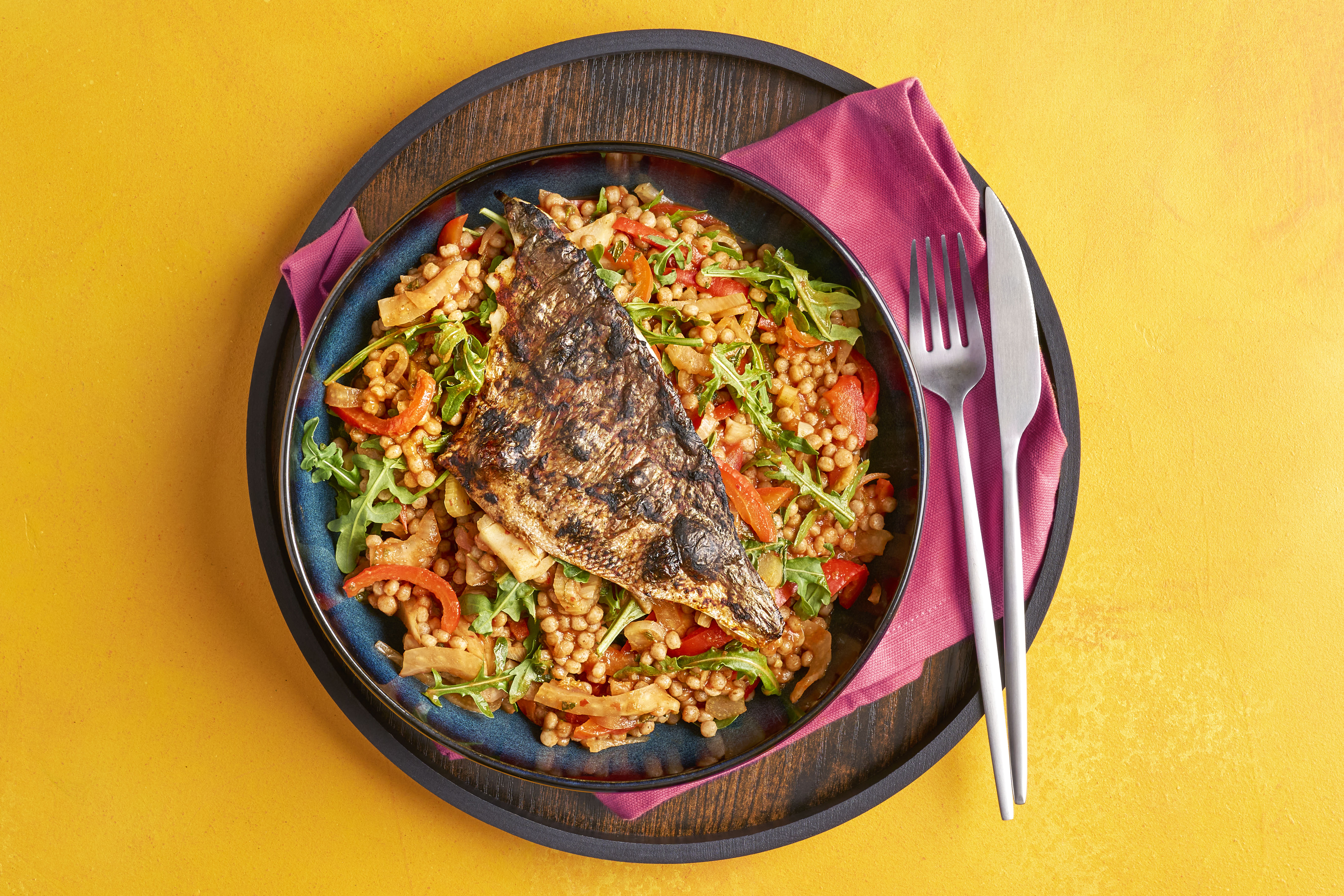 Speedy harissa sea bream with fennel & mint giant couscous