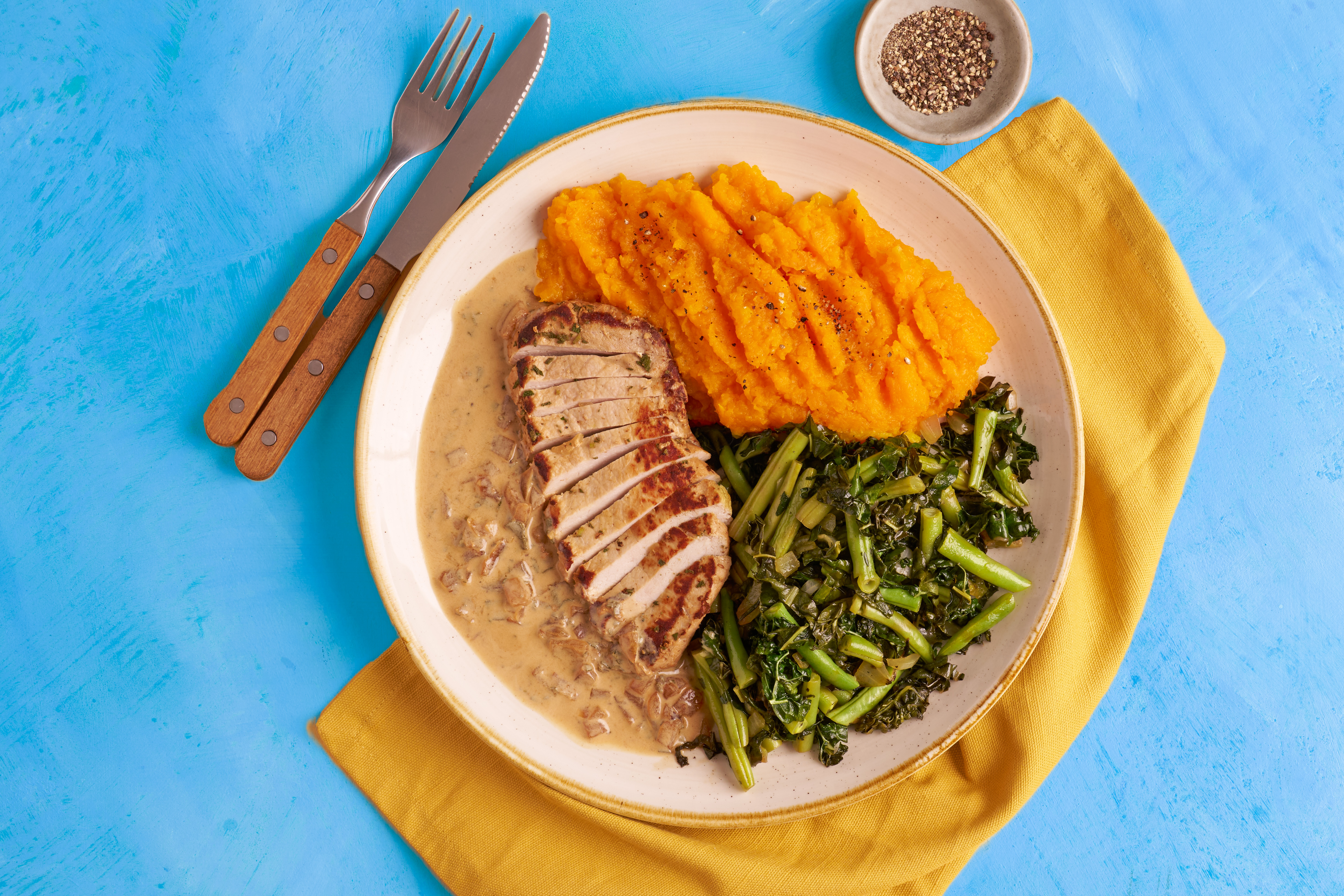 Pork in sage sauce with carrot & squash mash