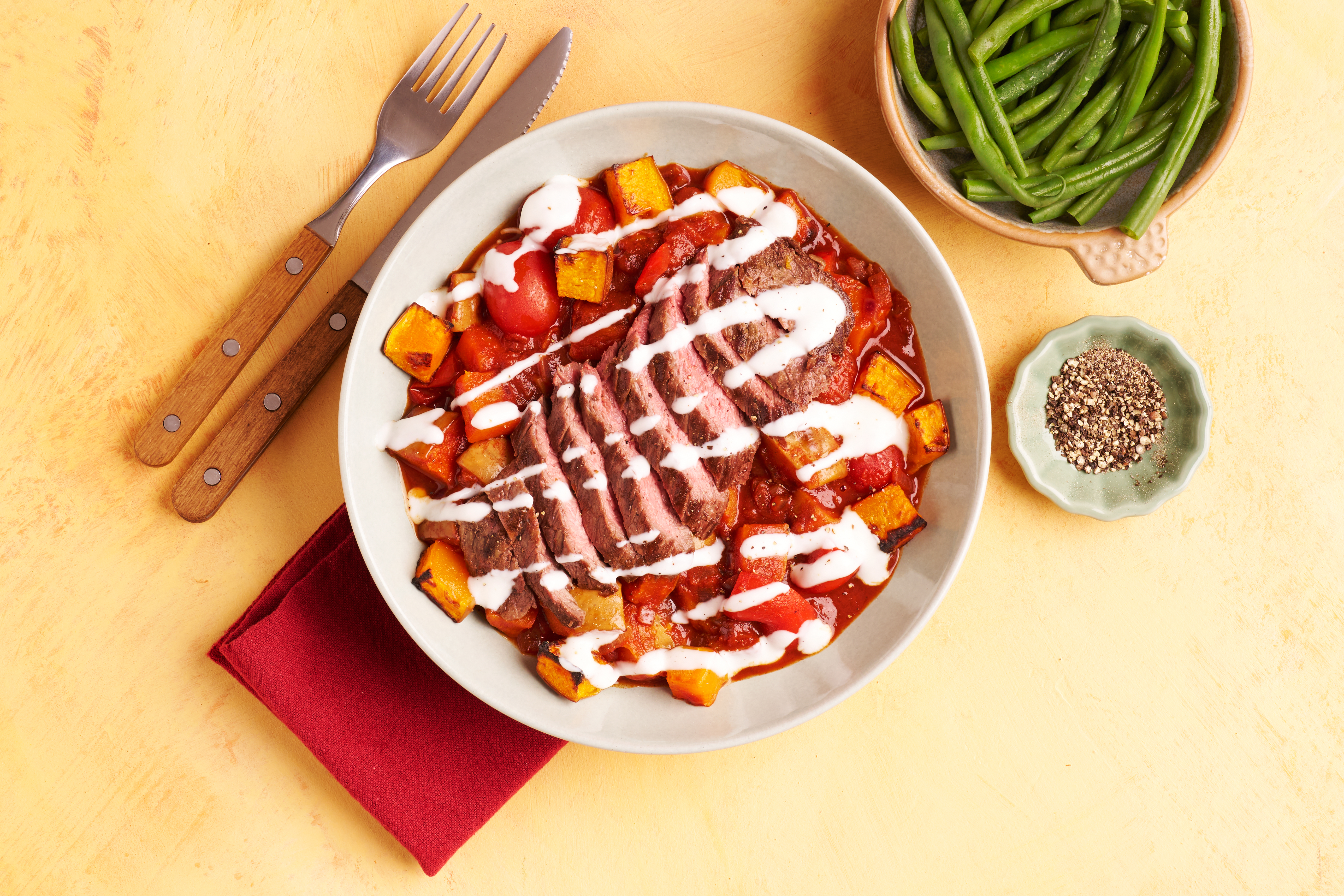 Smoky barbecue steak & squash roasties