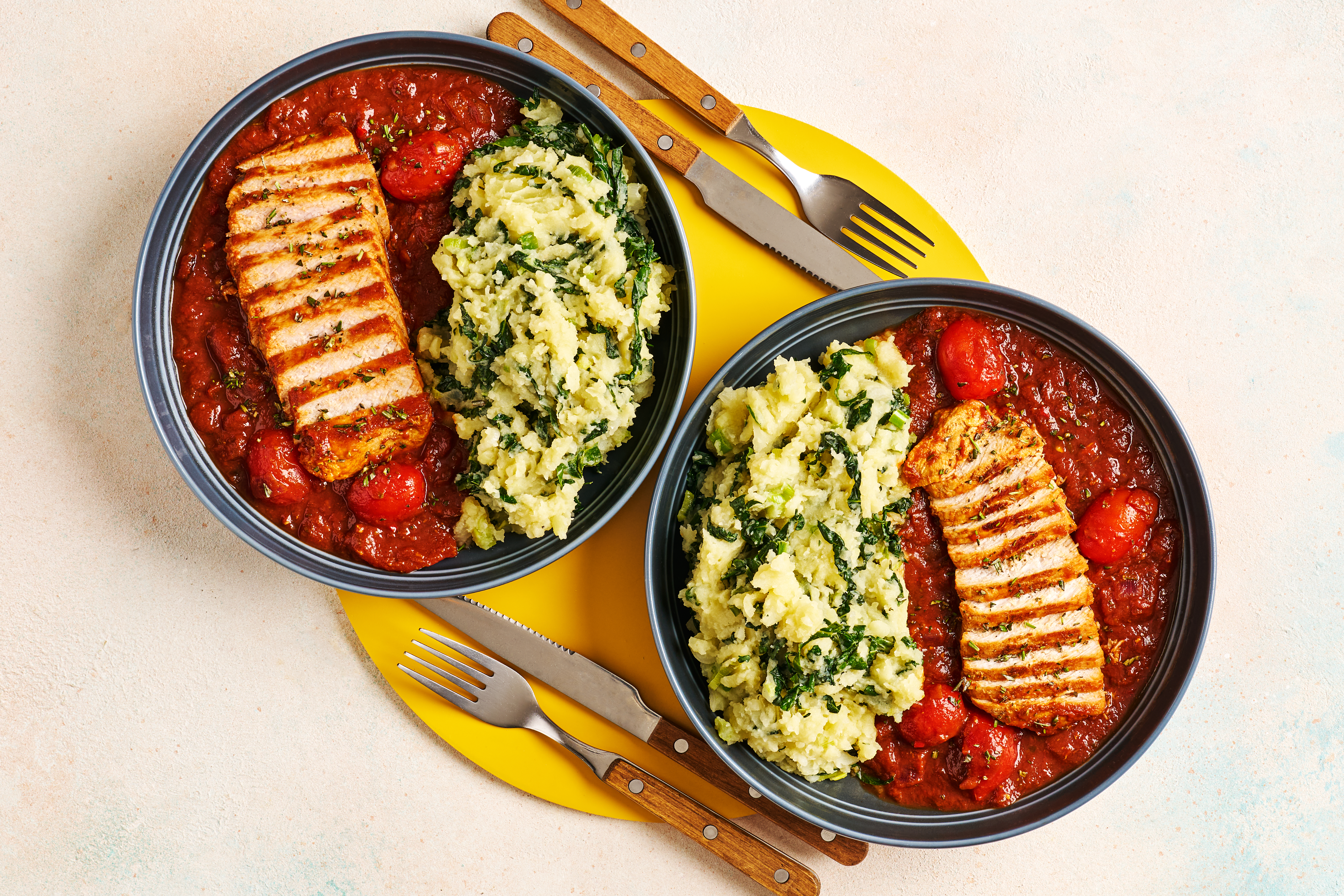 Picante-style pork with garlicky green mash