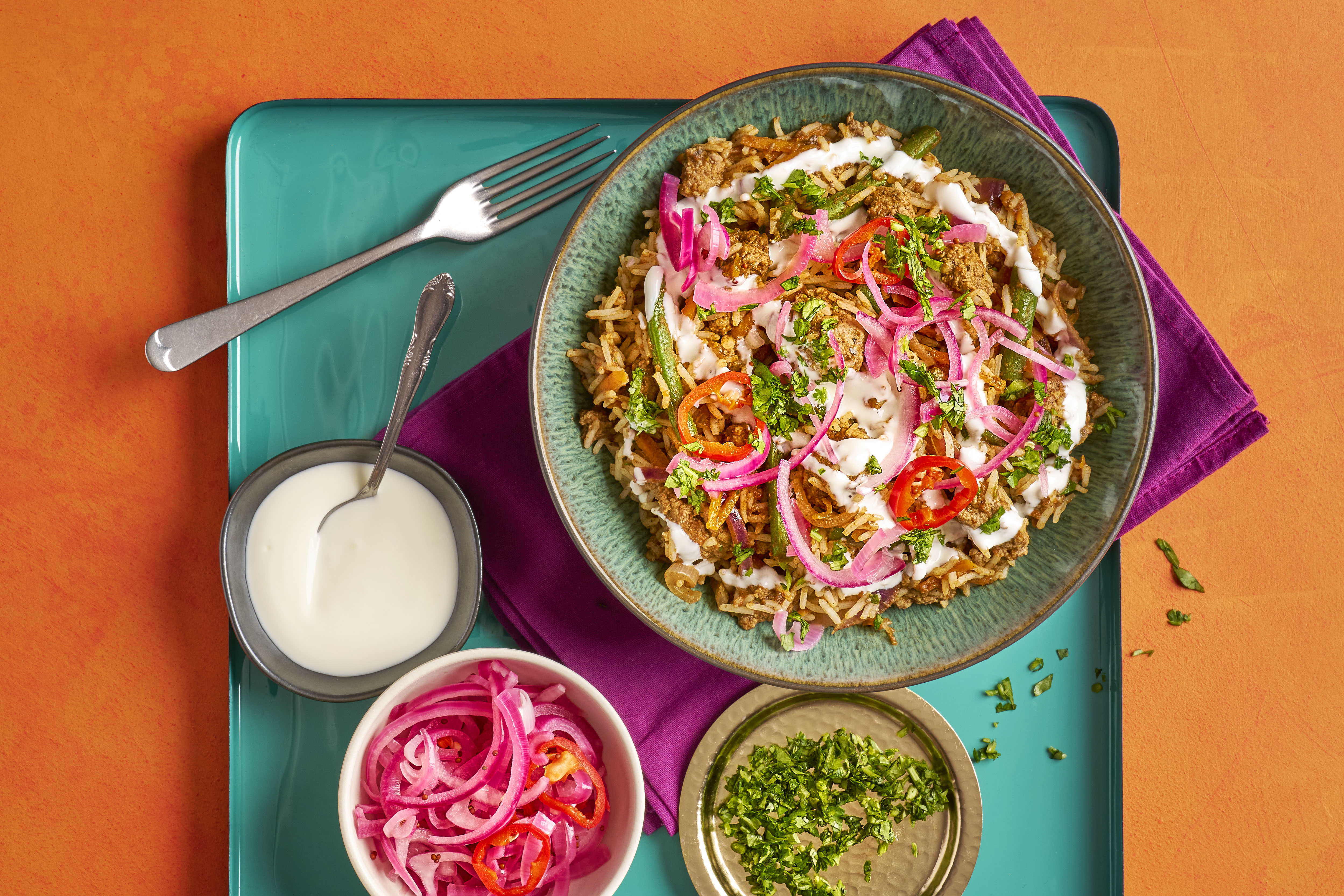 Beef keema biryani bowl & chilli pickle