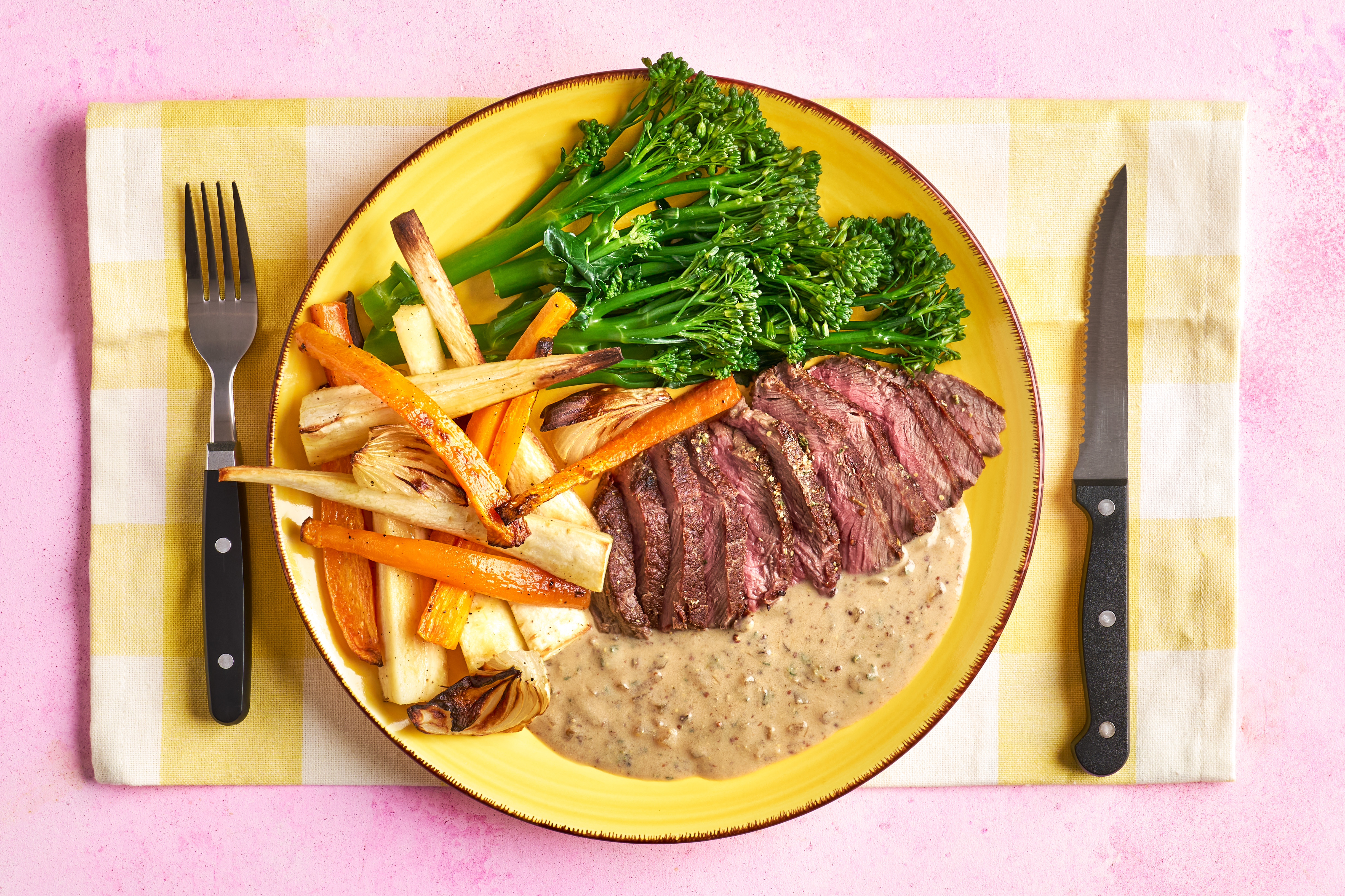 Thyme & mustard venison with golden root veg chips
