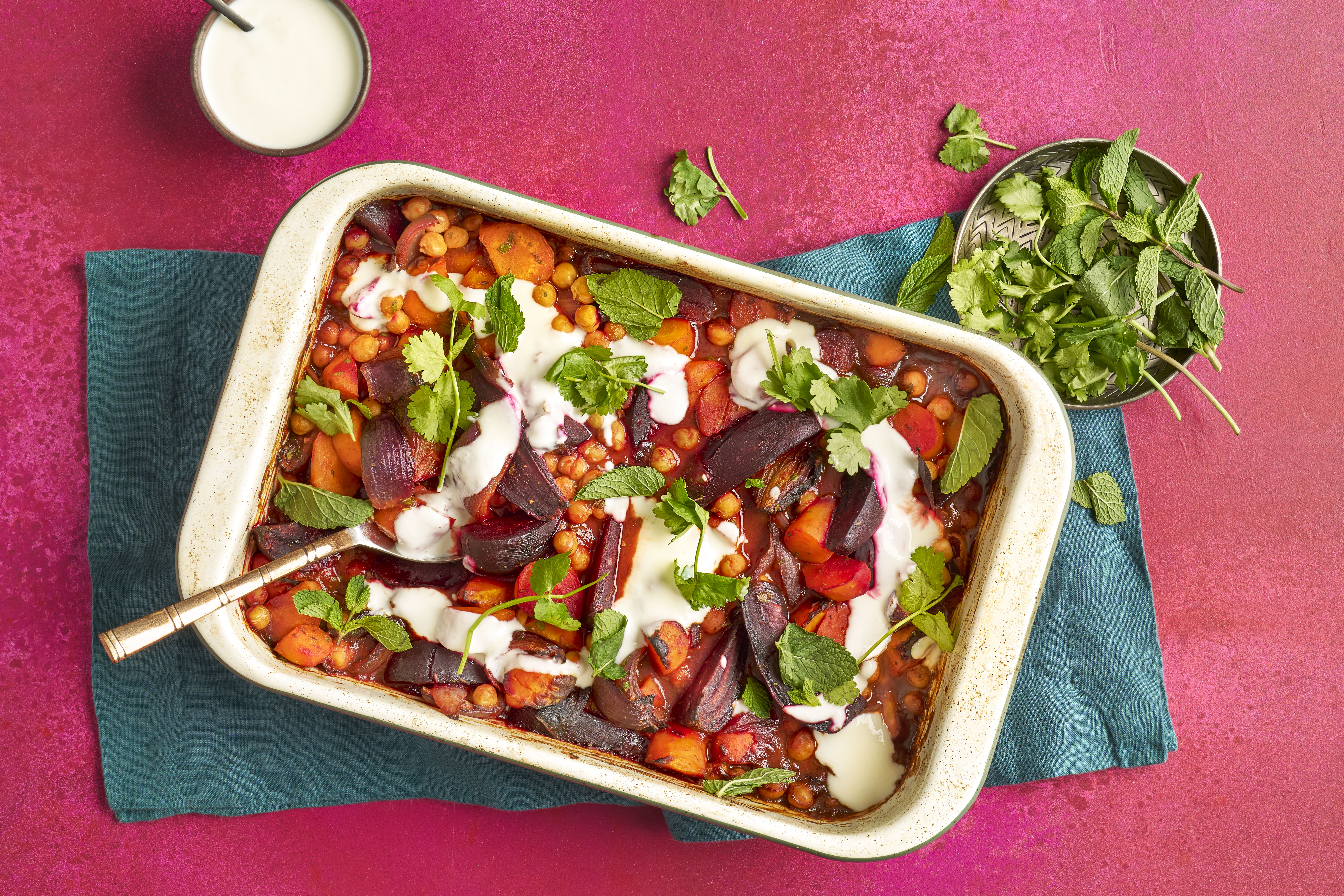 Harissa-roasted roots & chickpeas traybake